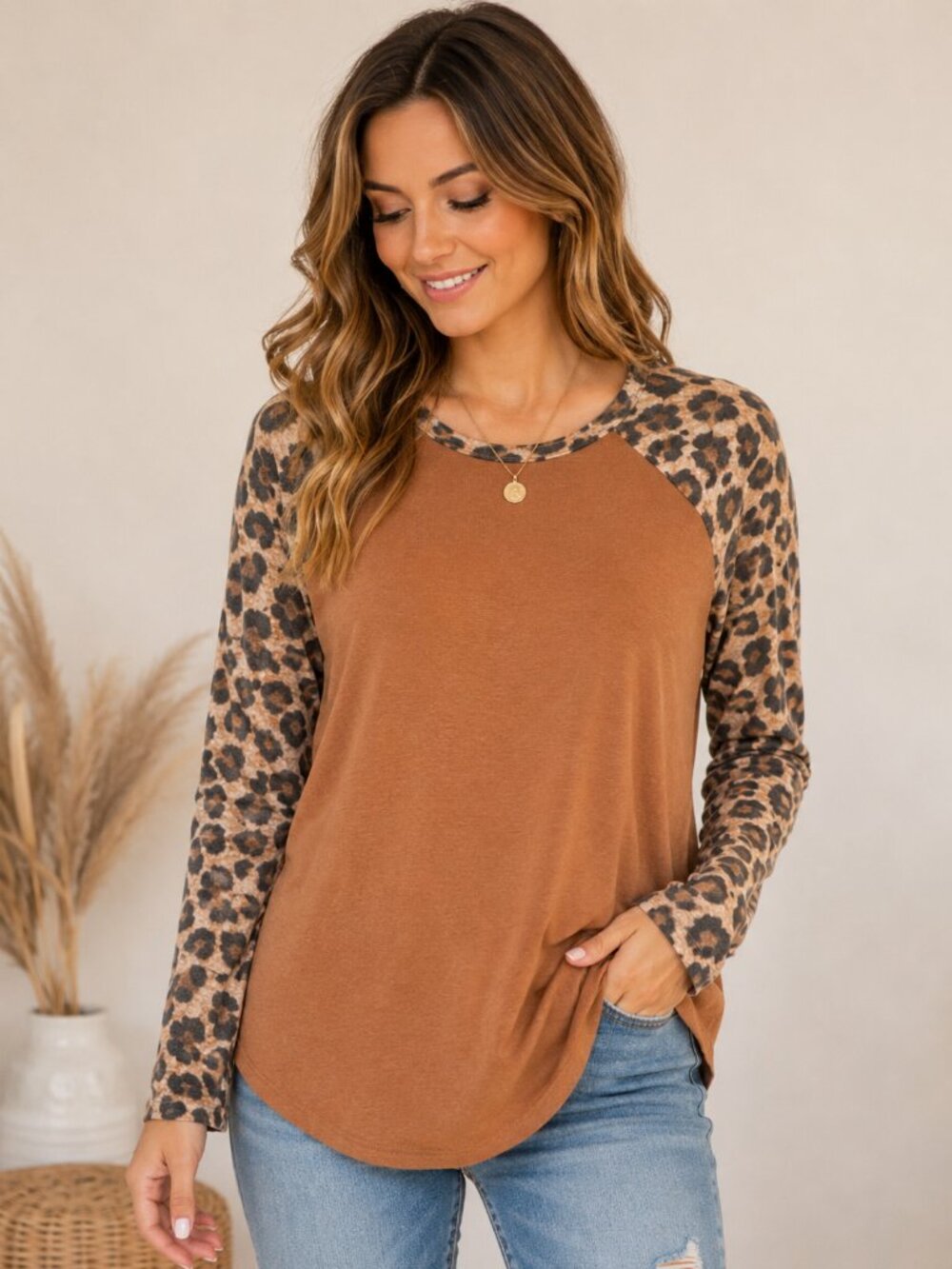 ZeZenana Leopard Print Raglan Top Brown Long Sleeve L
